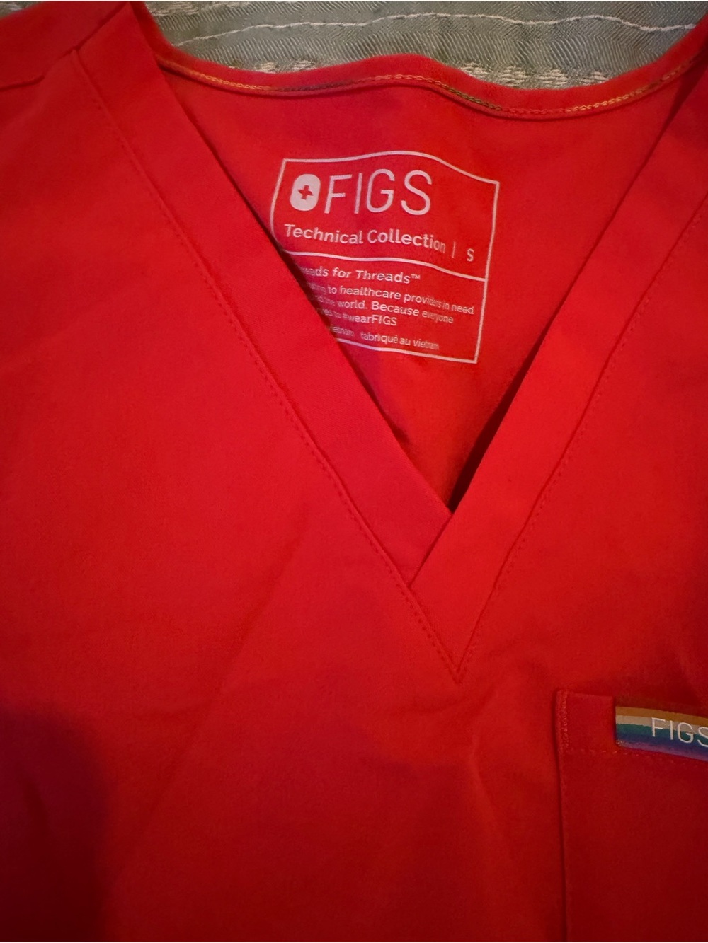 Figs Red V-Neck Scrub Top with Logo Tab - Picture 3 of 5